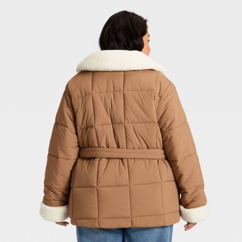 Women's Belted Faux Shearling Puffer Jacket - Ava & Viv Tan 1X - Picture 2 of 3